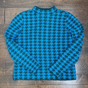 Ann Taylor Womens Blue and Green Houndstooth Pullover Mock Neck Sweater. Small